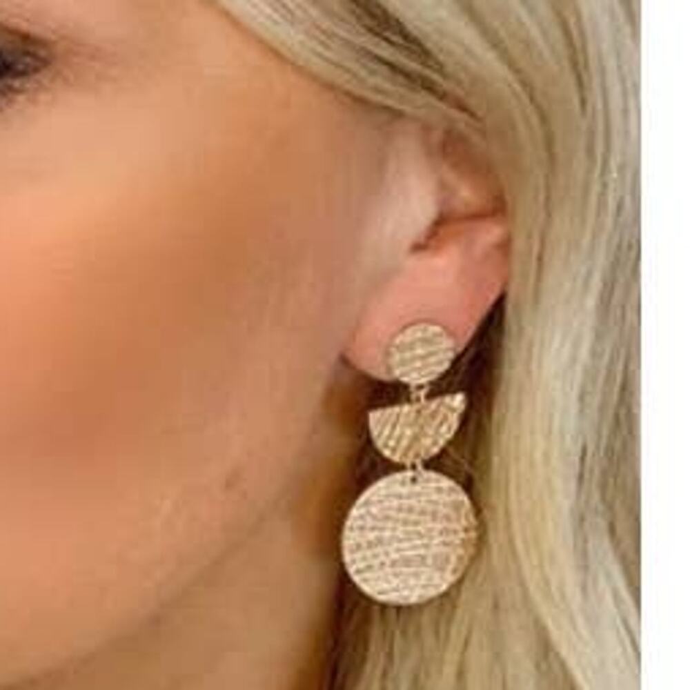 Gold Textured Etched Disc Dangle Drop Post Fashion Earrings ~ NEW